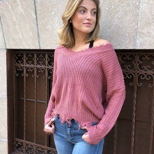 Distressed Frayed V Neck Sweater- Rose